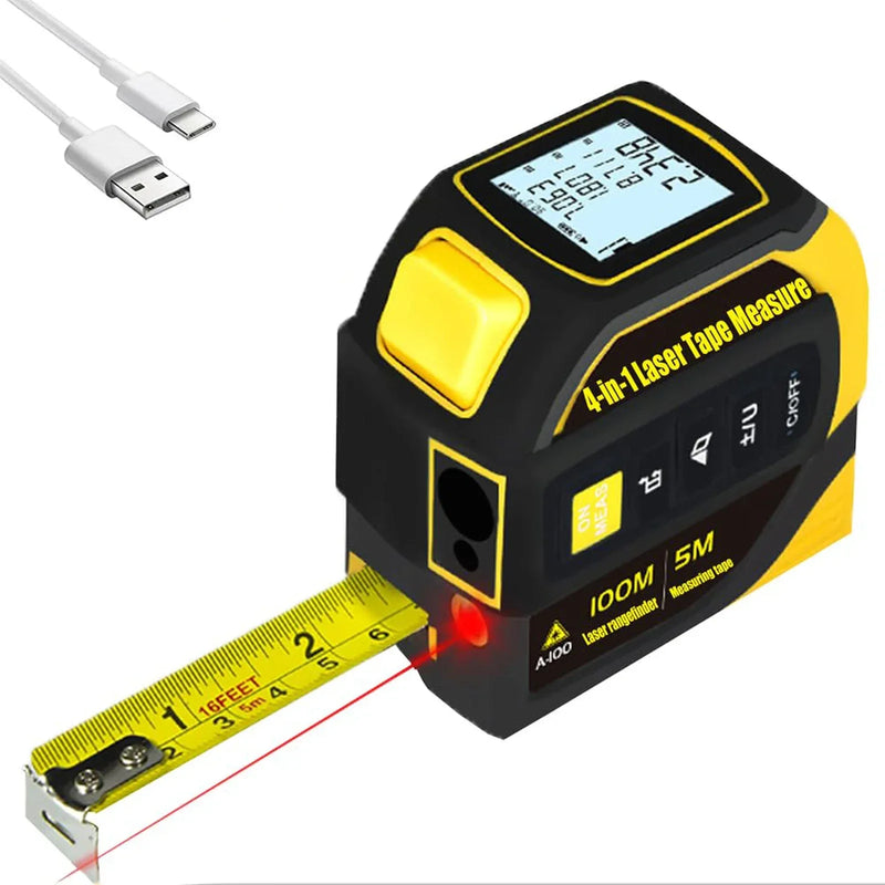 4 in 1 laser tape measure with 100m digital rangefinder and 5m retractable tape for precise construction measurement