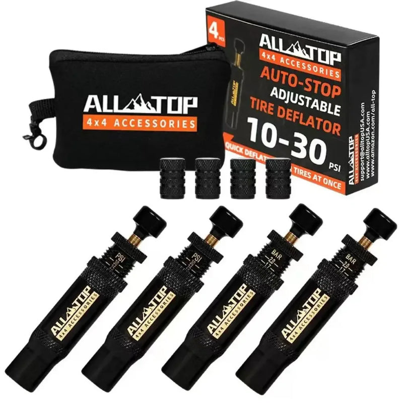 “4PCS Adjustable Auto-Stop Tire Deflator Valve Kit (10–30 PSI) – 4x4 Screw-On Tyre Air Down Tool for Off-Road Vehicles & Motorcycles”