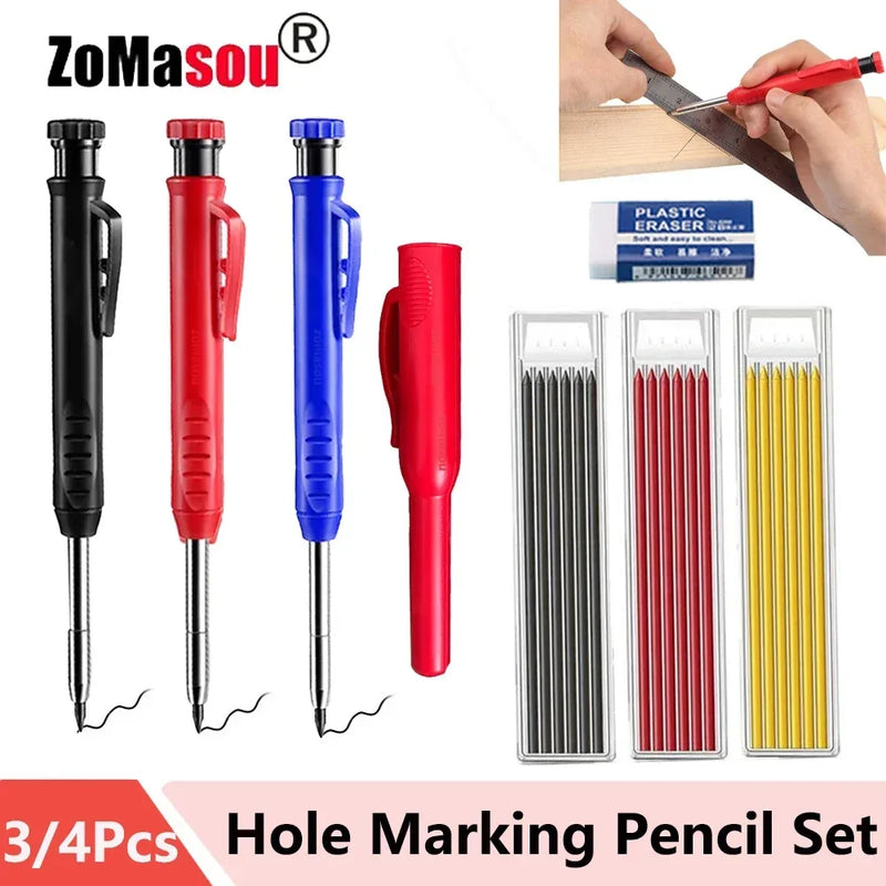 Reusable Deep Hole Long Head Marker Pencils – Carpenter Solid Refill Leads with Built-in Sharpener