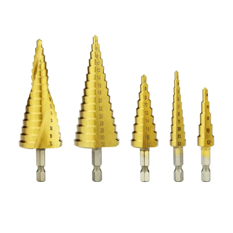 Buy TOOLEYE HSS Titanium Step Drill Bit Set (3–32mm). Durable stepped drill bits for metal, wood, plastic, and sheet metal. Ideal for DIY, construction, and professional drilling.