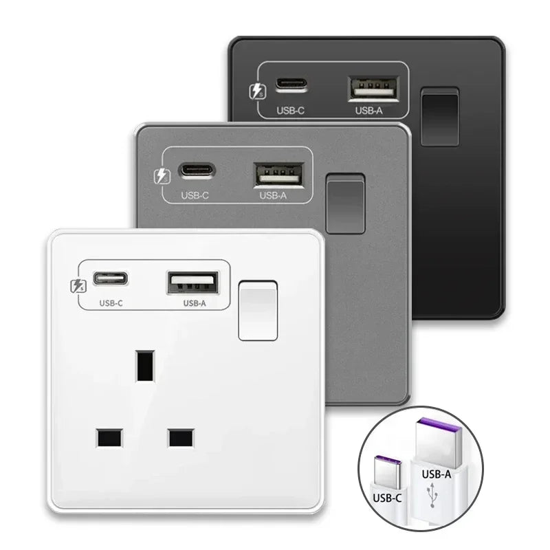 18W Type-C Plug UK, 13A Usb Wall Socket & Switch