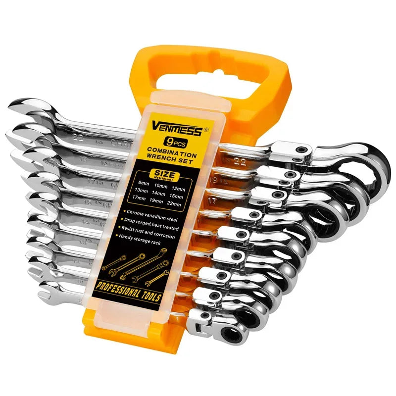 flex-head ratcheting wrench set with combination-ended spanners