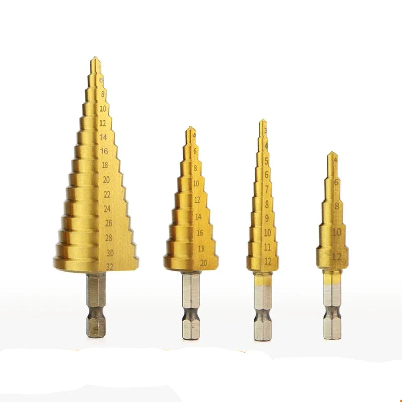 TOOLEYE HSS Titanium Step Drill Bit Set 3–12 / 4–12 / 4–20 / 4–32mm Stepped Drill Bits
