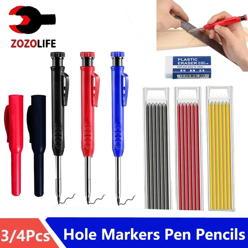 Reusable Long Head Deep Hole Marker Pencils – Solid Carpenter Refill Leads with Built-in Sharpener