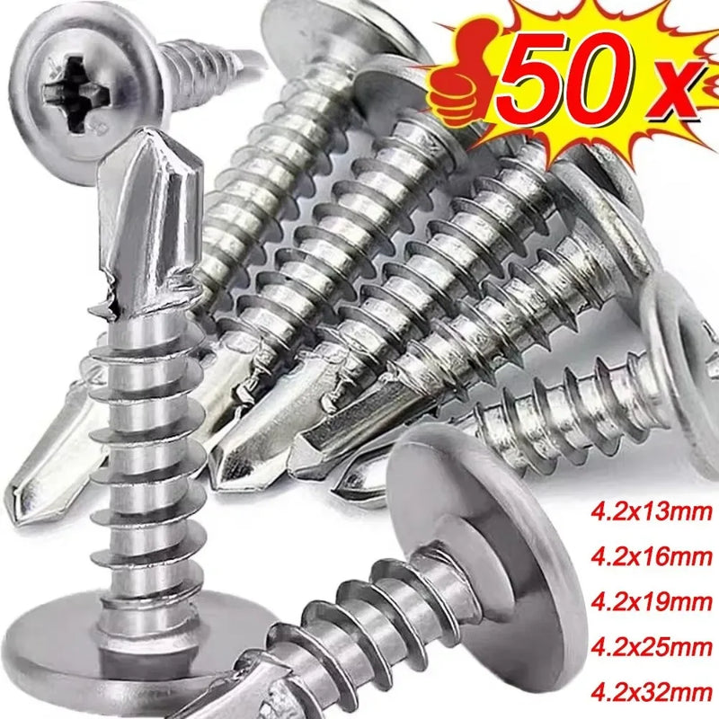 50PCS Stainless Steel Self Tapping Screws Round Washer Cross Phillips Self Drilling Flat Head High-Strength Fasteners