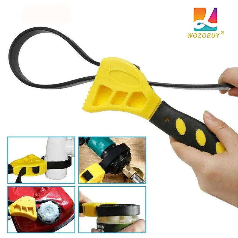 Universal rubber strap wrench adjustable tool for jar opening plumbing and mechanical use with non-slip grip