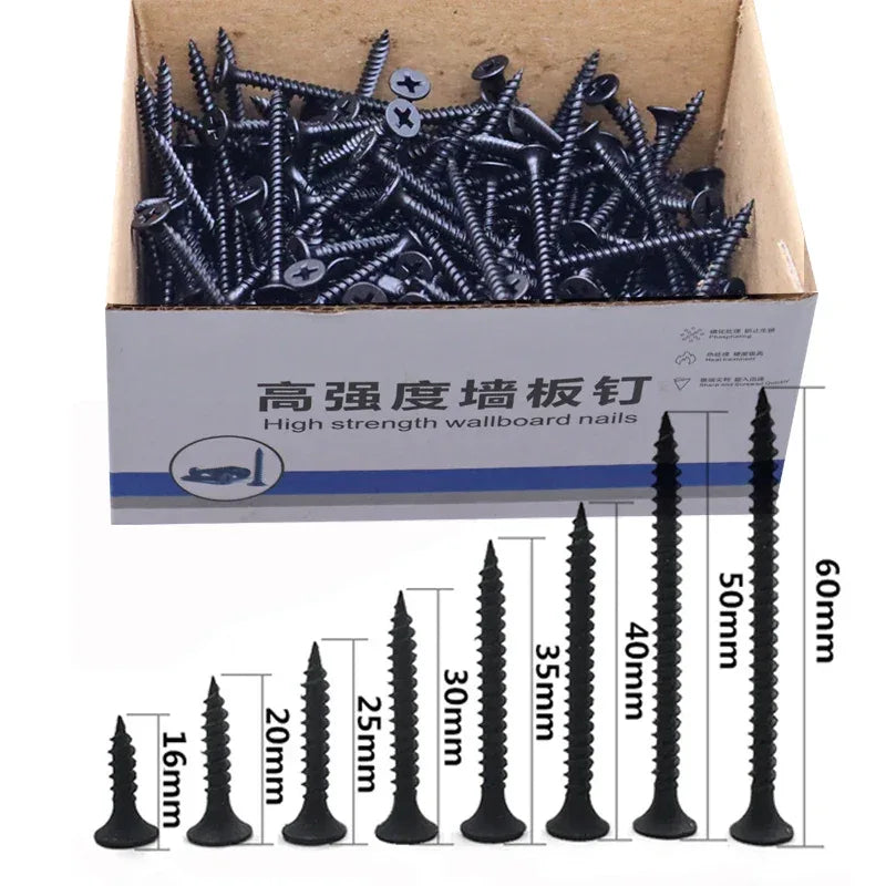 Drywall Screw Box – 0.5kg Self-Tapping Cross Countersunk Flat Head Phillips Screws M3.5 Black Carbon Steel