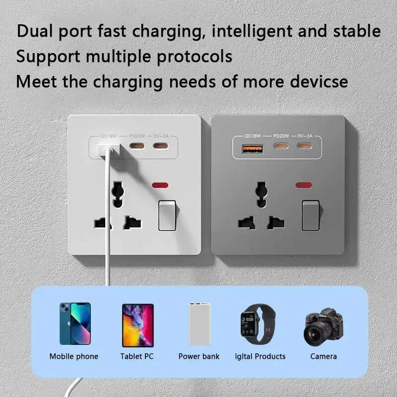 Universal Wall Socket With USB And Dual Type-c 20w Fast Charger