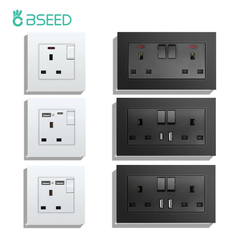 Type-c USB Socket Double Wall Power Sockets with Glass Panel 13A