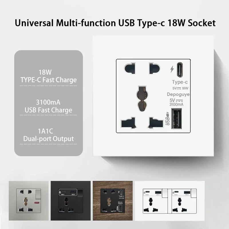 Universal 18W Switch & Socket UK Wall Electrical Outlet with Type-c