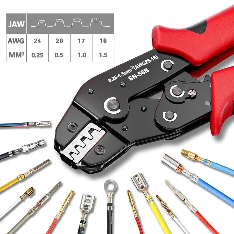 SN-58B Ratcheting Crimping Tool Set for Dupont, JST, MOLEX, TE Terminals & EPC/PCIE/SATA Pins – Open Barrel Crimper
