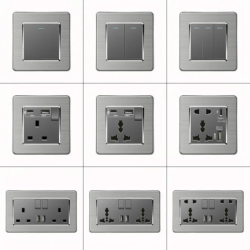 Grey Stainless Steel Metal Socket & Switch