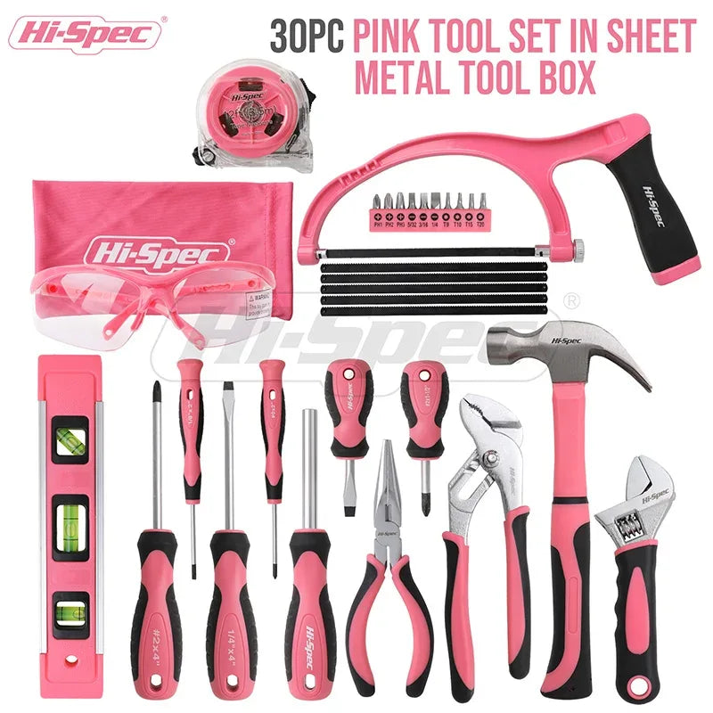 Hi-Spec 30pc pink household repair tool set in metal toolbox